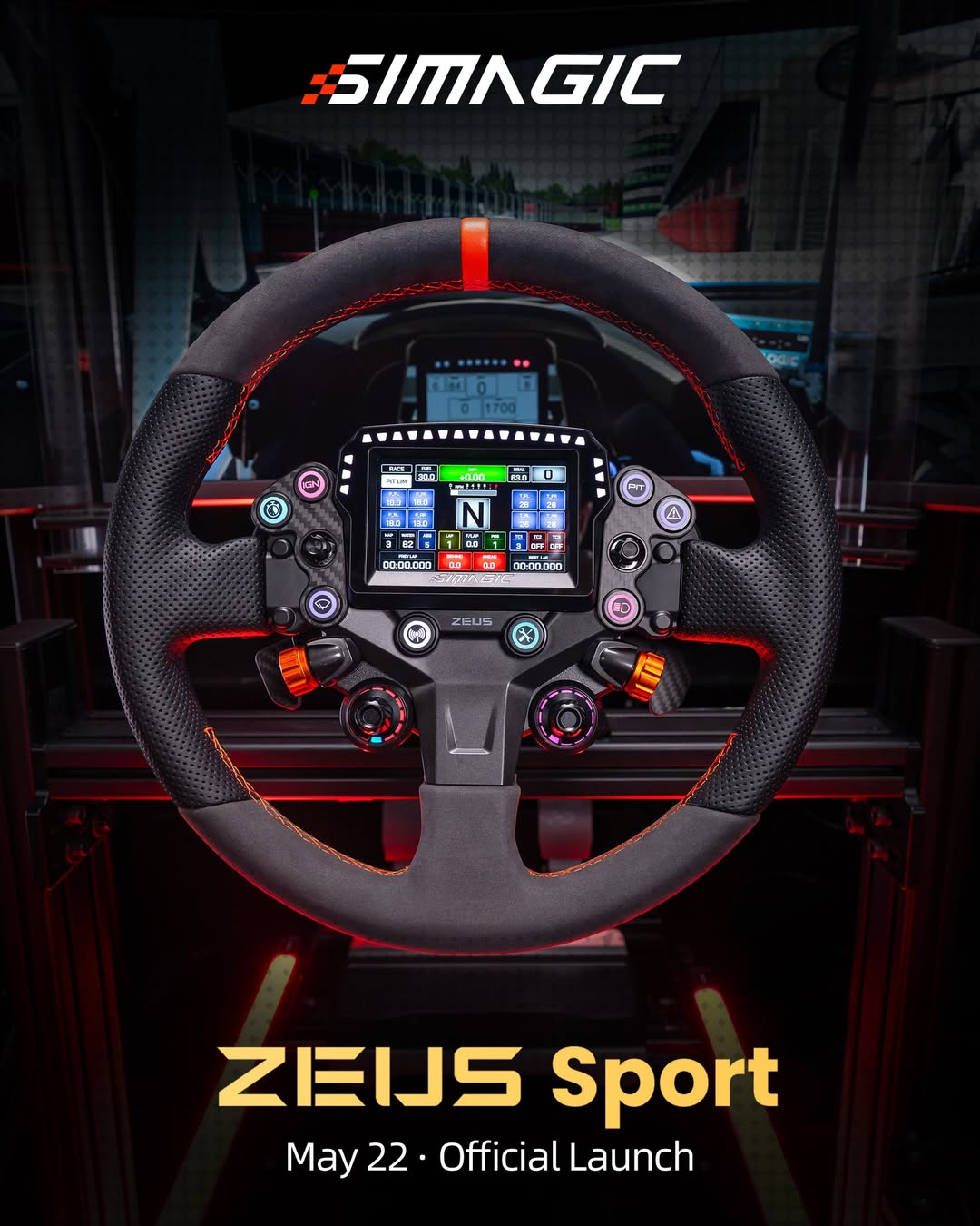 Simagic Zeus Sport - карбоновая панель, 8 RGB-кнопок и 15 shift lights крупным планом