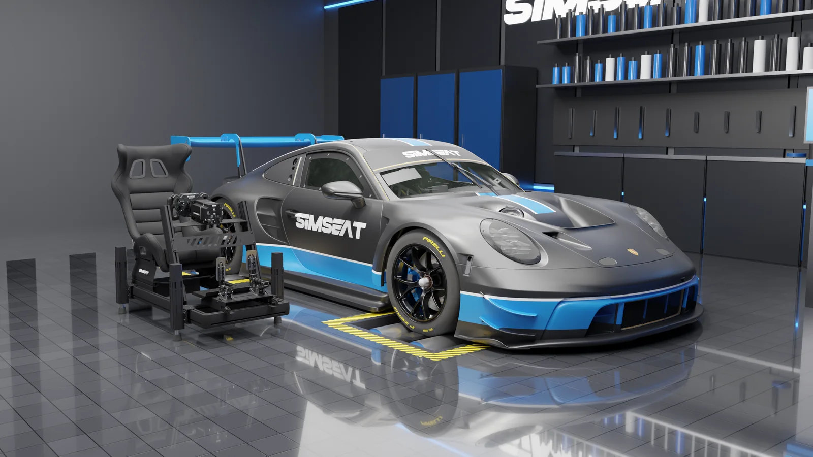 Подвижный кокпит Simseat EVO рядом с Porsche - вид спереди